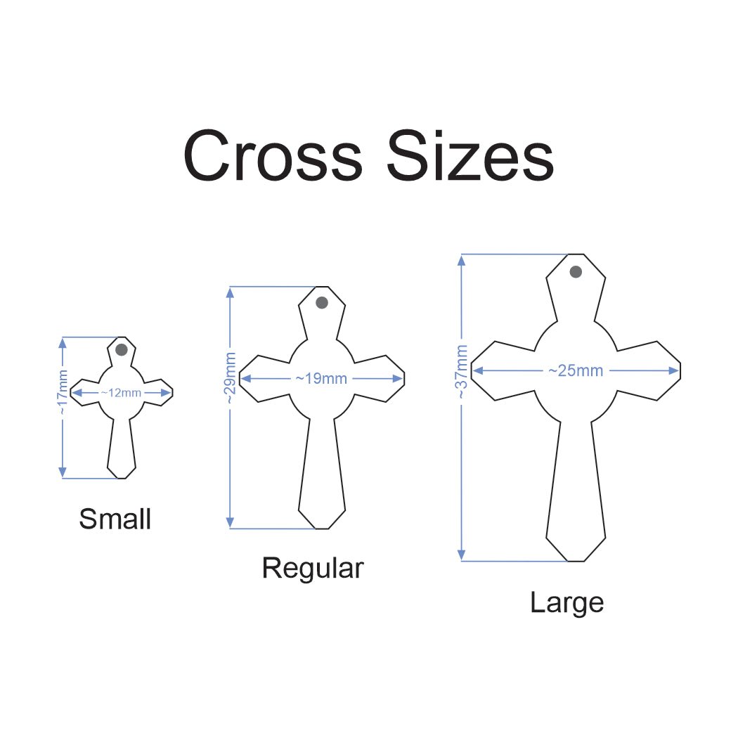 Size comparison of cross necklaces. Approximate sizes as follows; small: 12x17mm, regular: 19x29mm, large: 25x37mm
