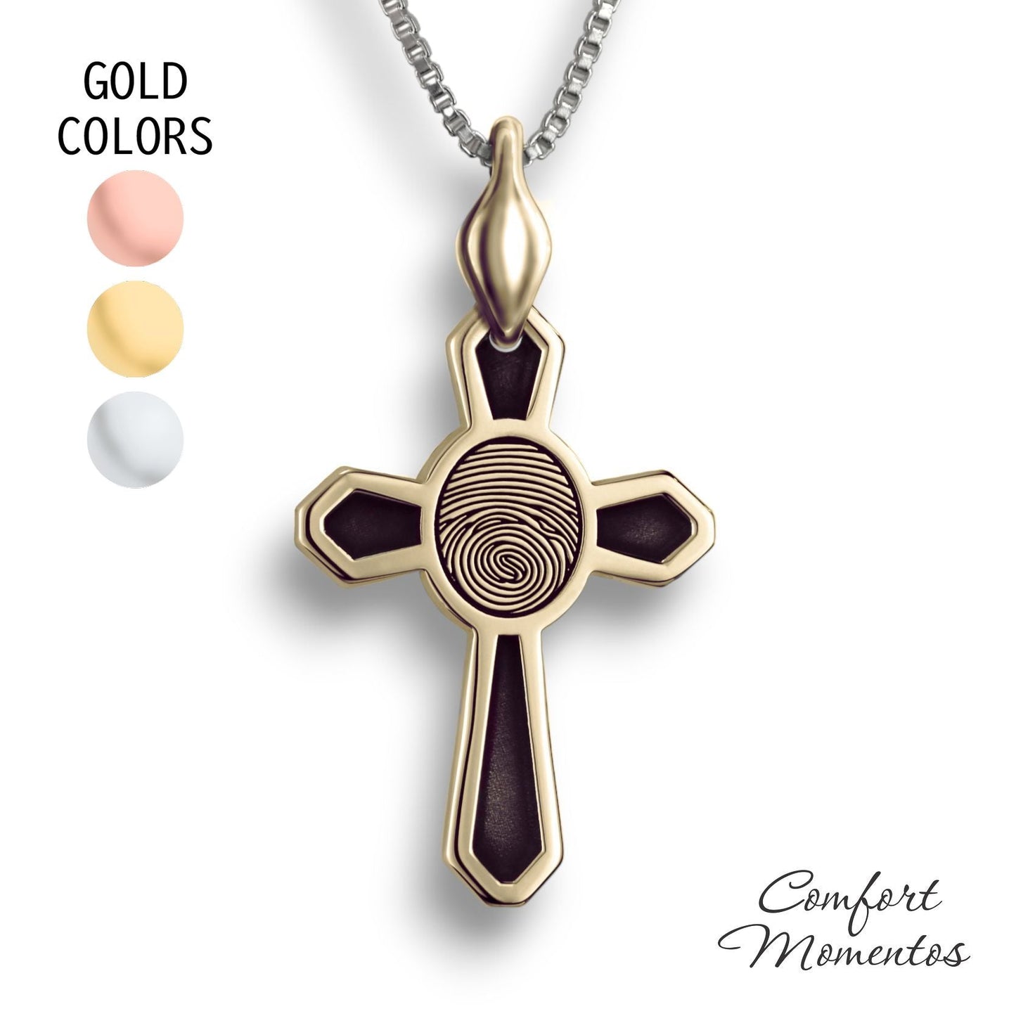 Gold cross necklace with black fingerprint and recessed black areas, with a plain urn