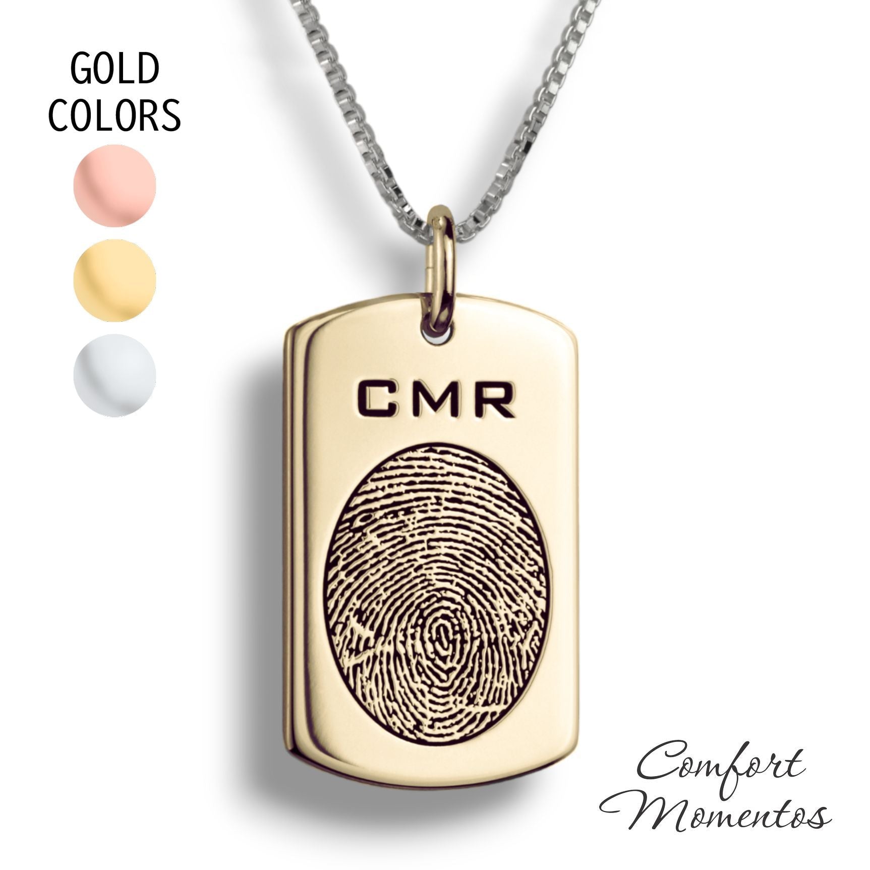 Gold dog tag necklace with a black fingerprint and initials engraved