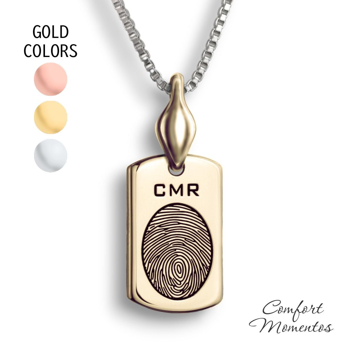 Small gold dog tag necklace with a black fingerprint and initials engraved, with a plain urn