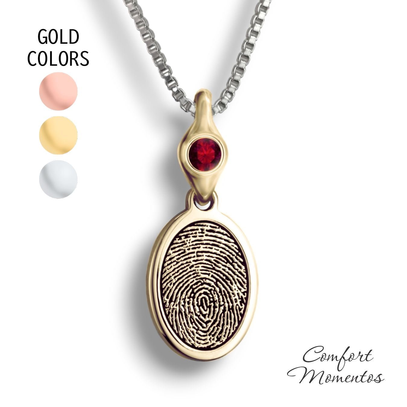 Small gold oval necklace with a black fingerprint engraved, with a gemstone urn
