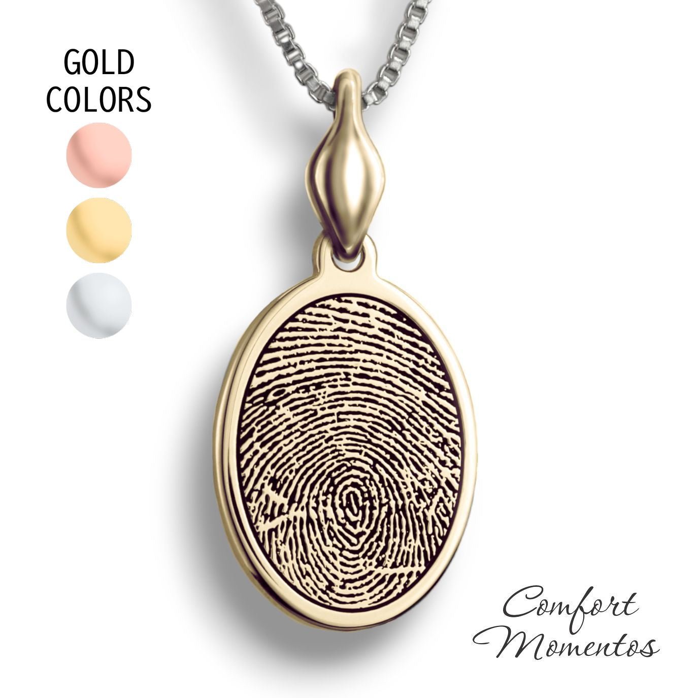 Gold oval necklace with a black fingerprint engraved, with a plain urn