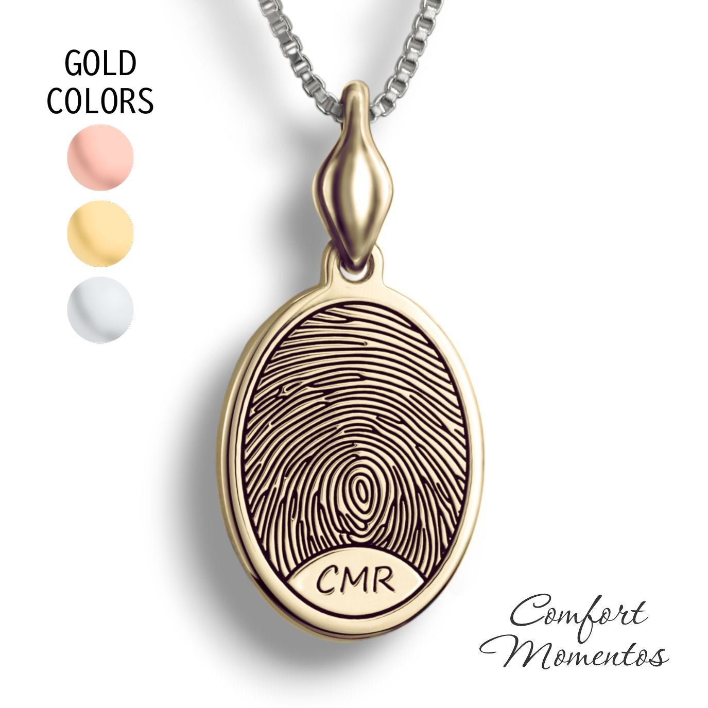 Gold oval necklace with a black fingerprint and initials engraved, with a plain urn