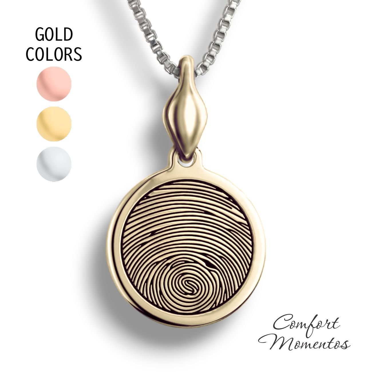 Gold round necklace with a black fingerprint engraved, with a plain urn