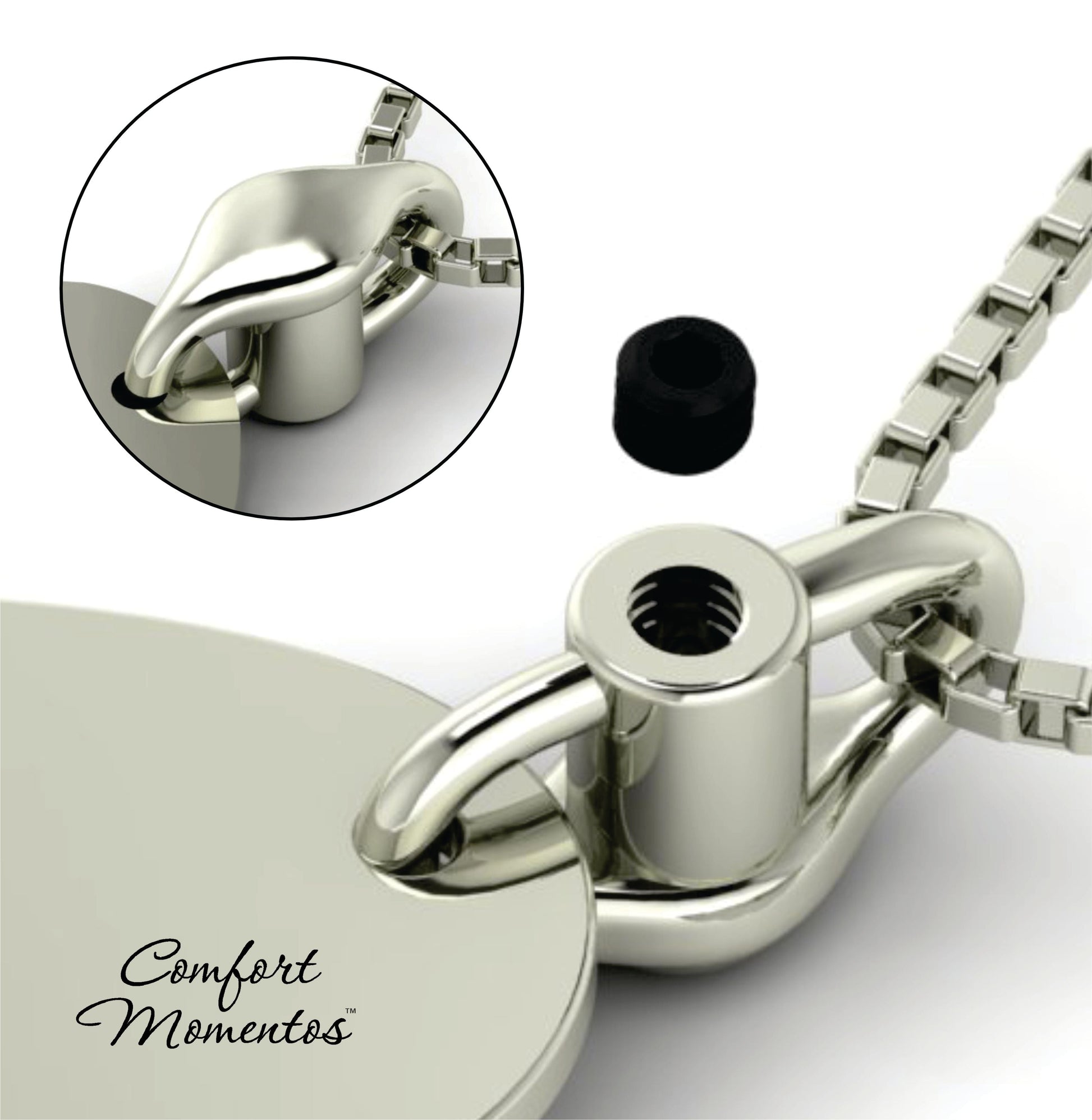 Partially cropped silver necklace showing a threaded urn bail and box chain on a white background