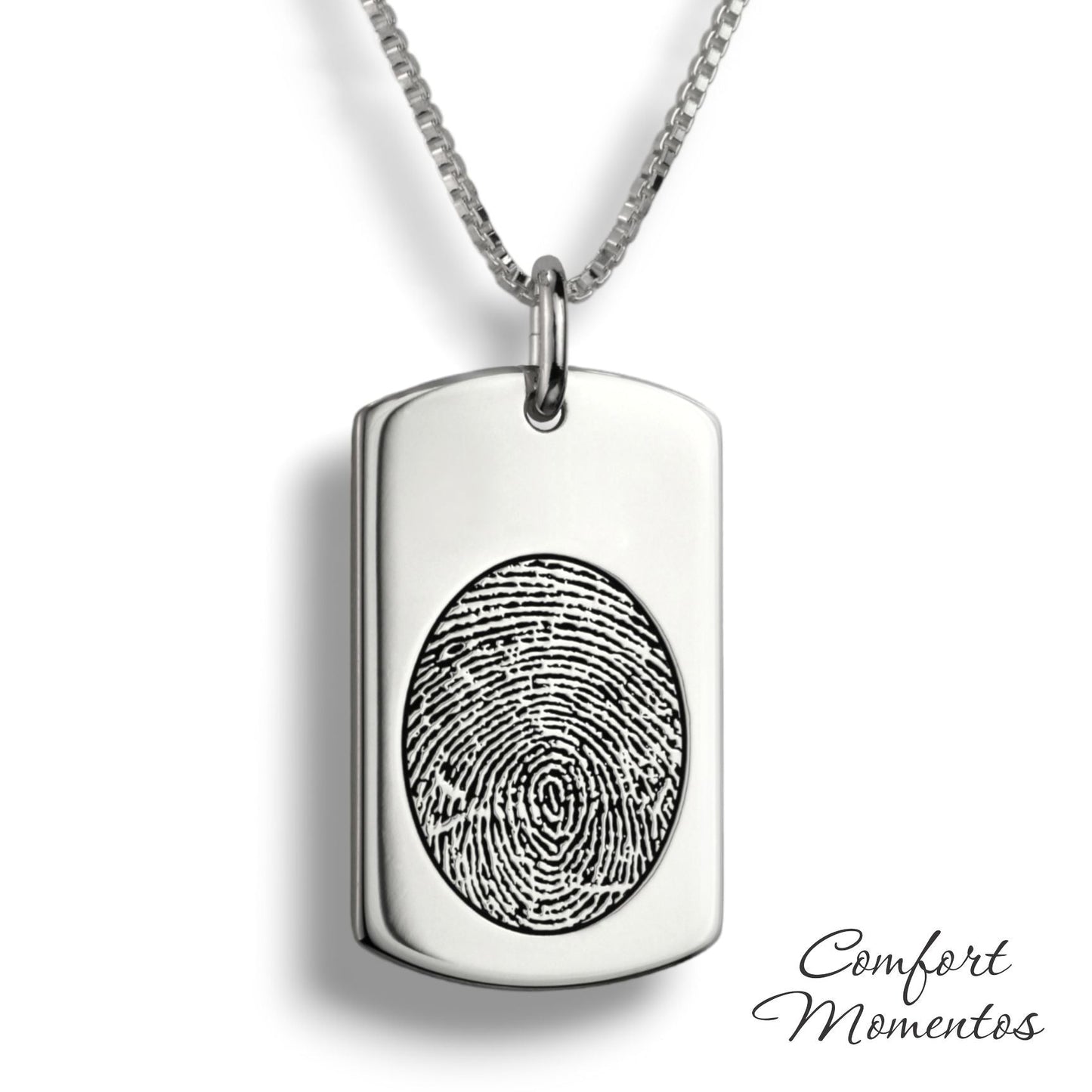 Silver dog tag necklace with a black fingerprint engraved