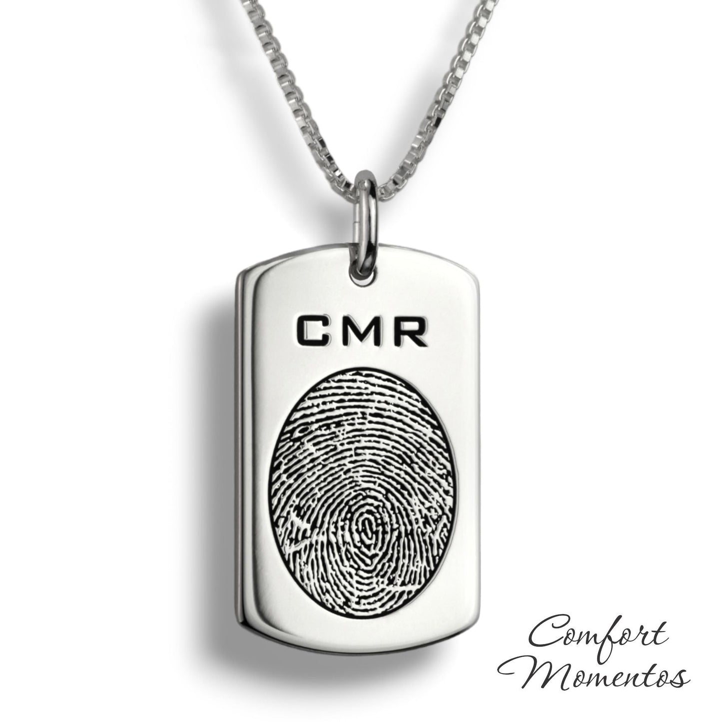 Silver dog tag necklace with a black fingerprint and initials engraved
