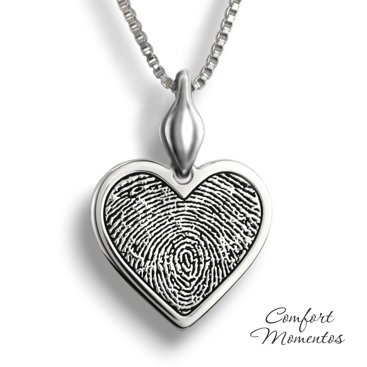 Silver heart necklace with a black fingerprint engraved, with a plain urn