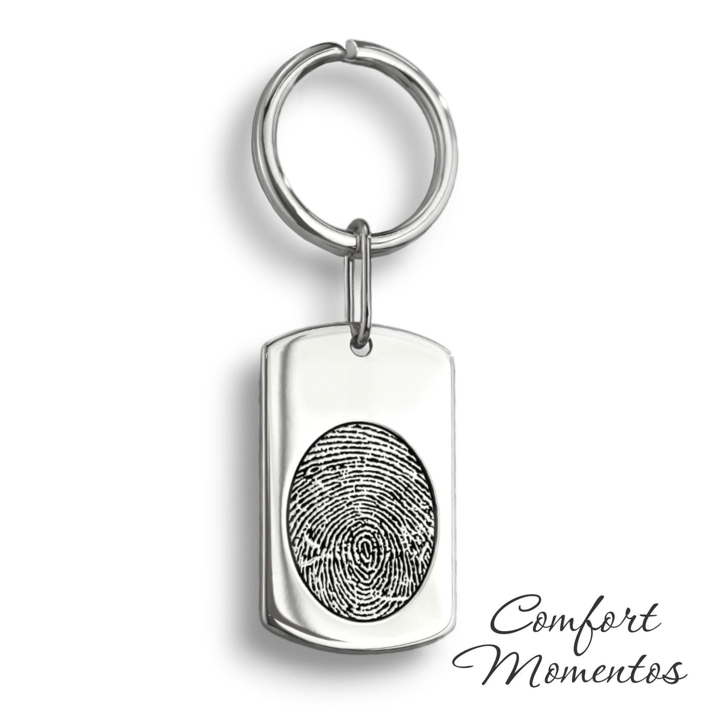 Silver dog tag keychain with a black fingerprint engraved, on a round split key ring