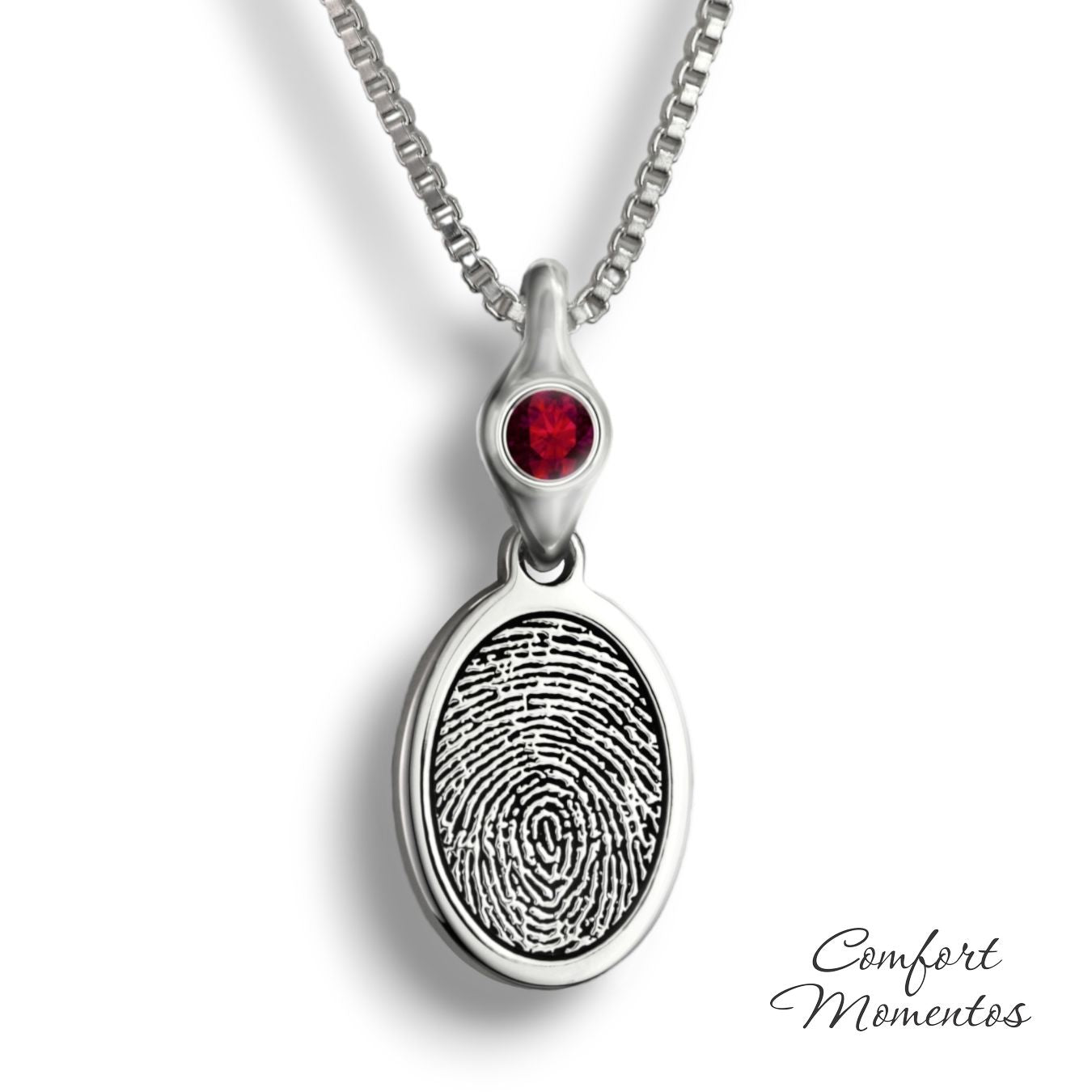 Small silver oval necklace with a black fingerprint engraved, with a gemstone urn