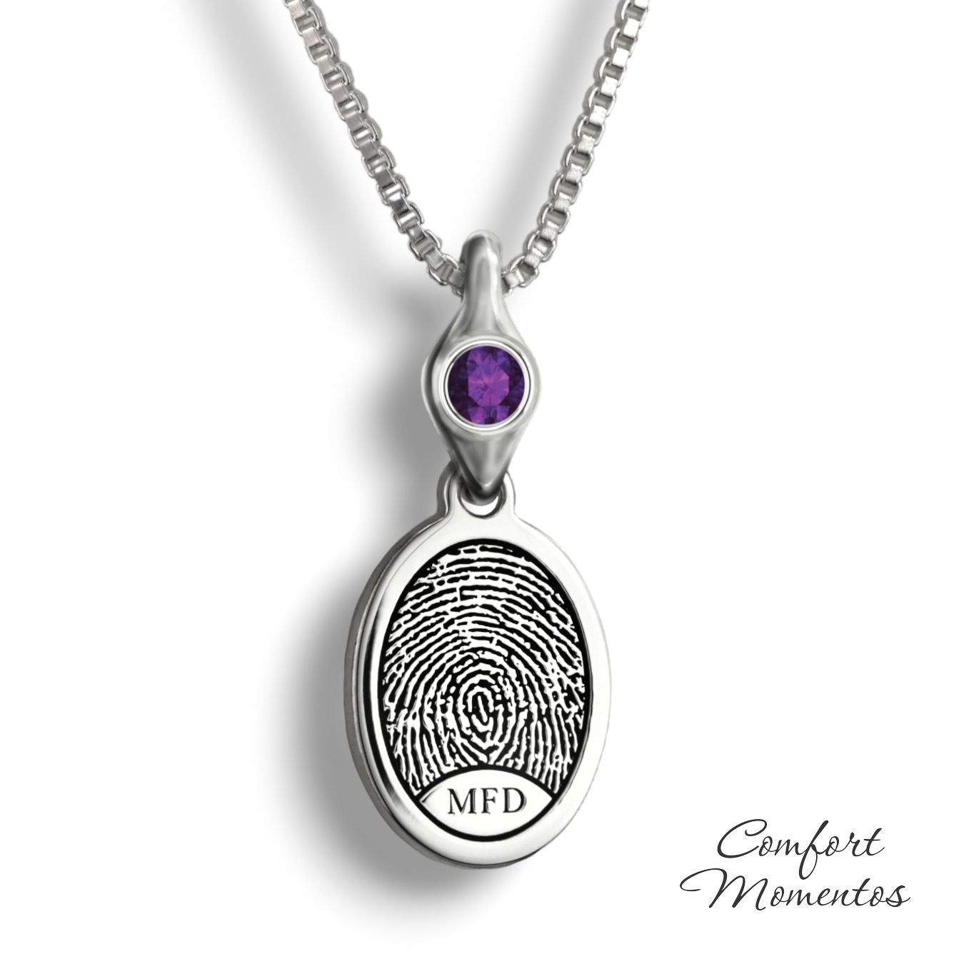 Small silver oval necklace with a black fingerprint and initials engraved, with a gemstone urn