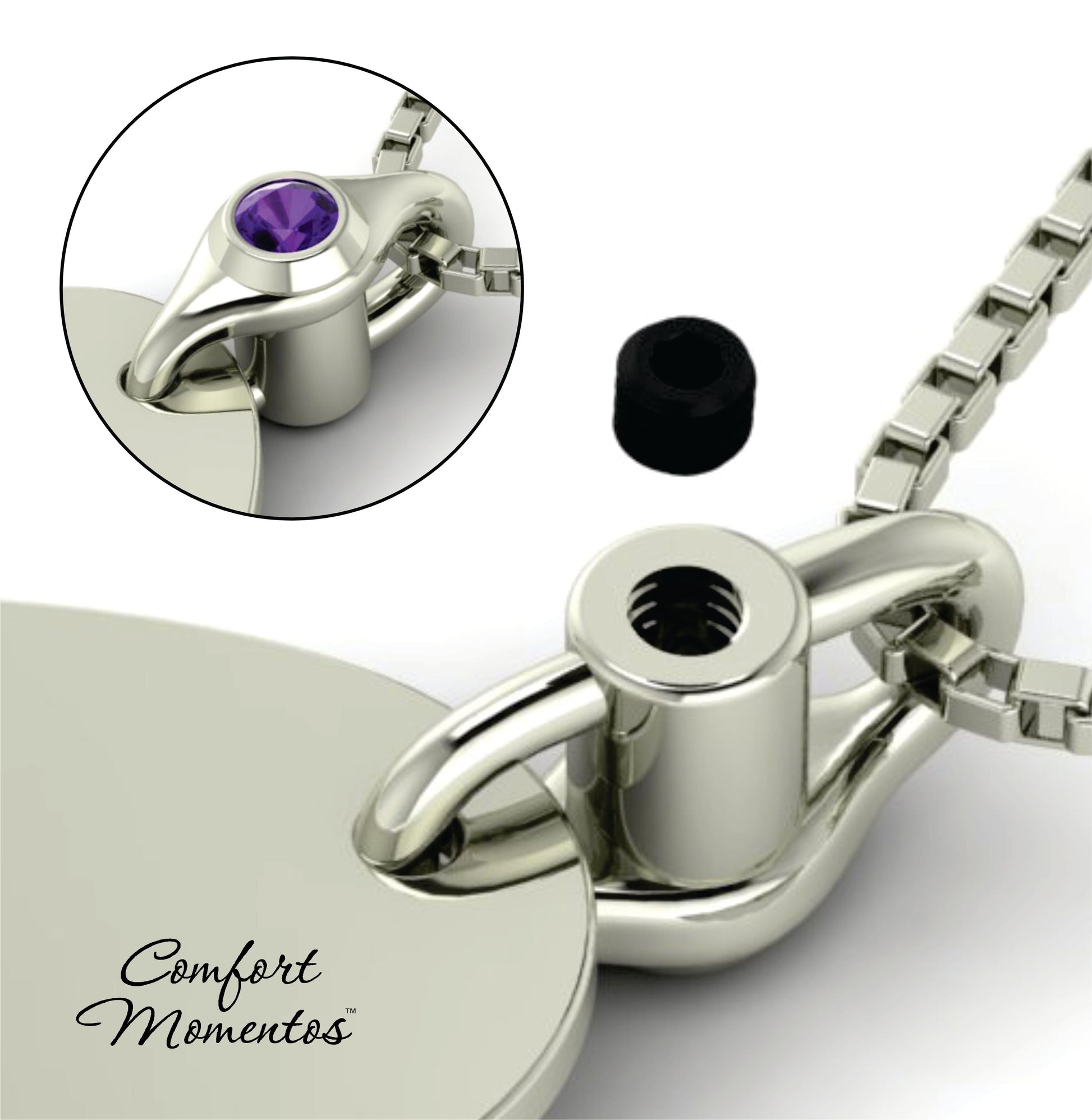 Partially cropped silver necklace showing a threaded gemstone urn bail and box chain on a white background