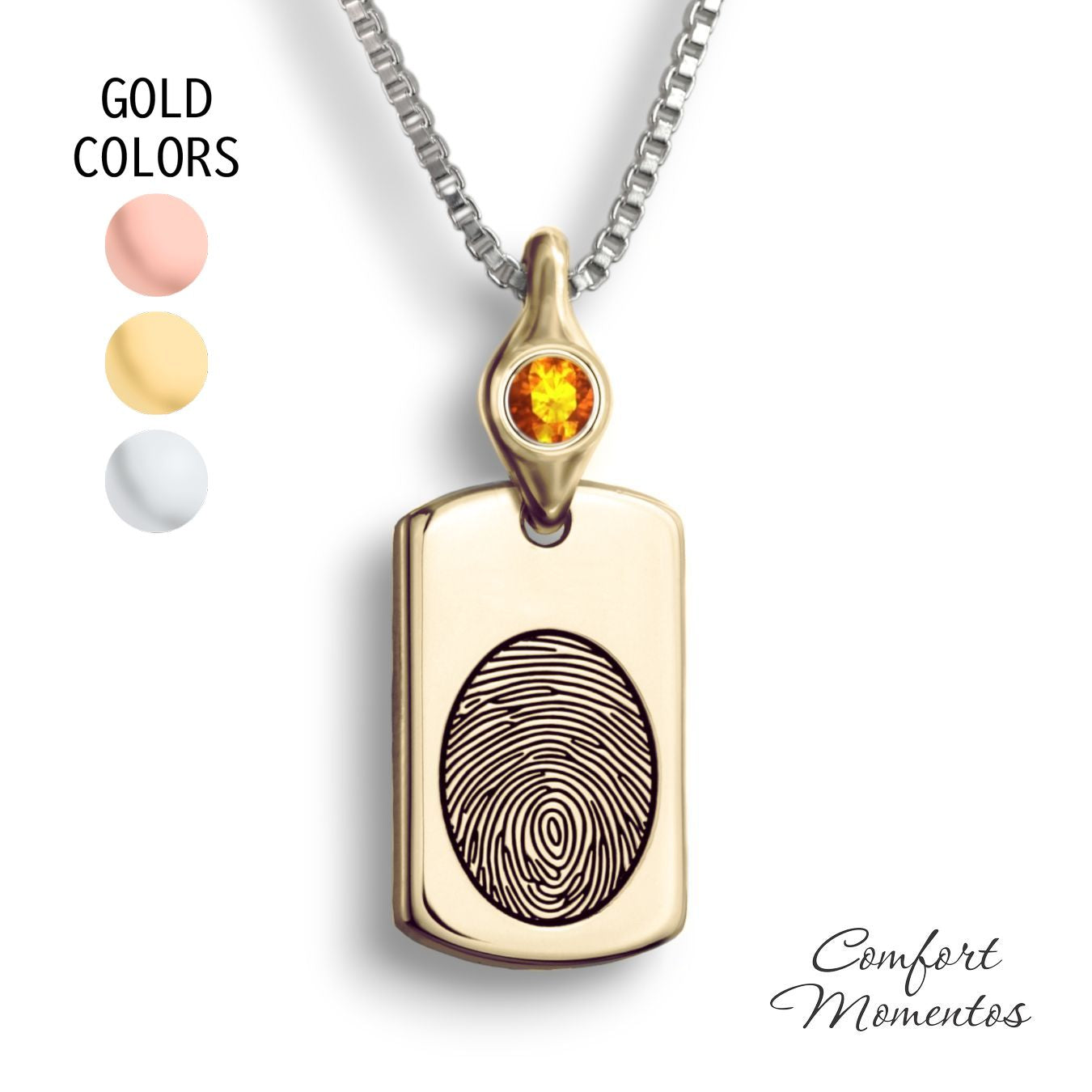 Fingerprint Dog Tag Necklace with Gemstone Comfort Capsule Bail - Gold [Small]