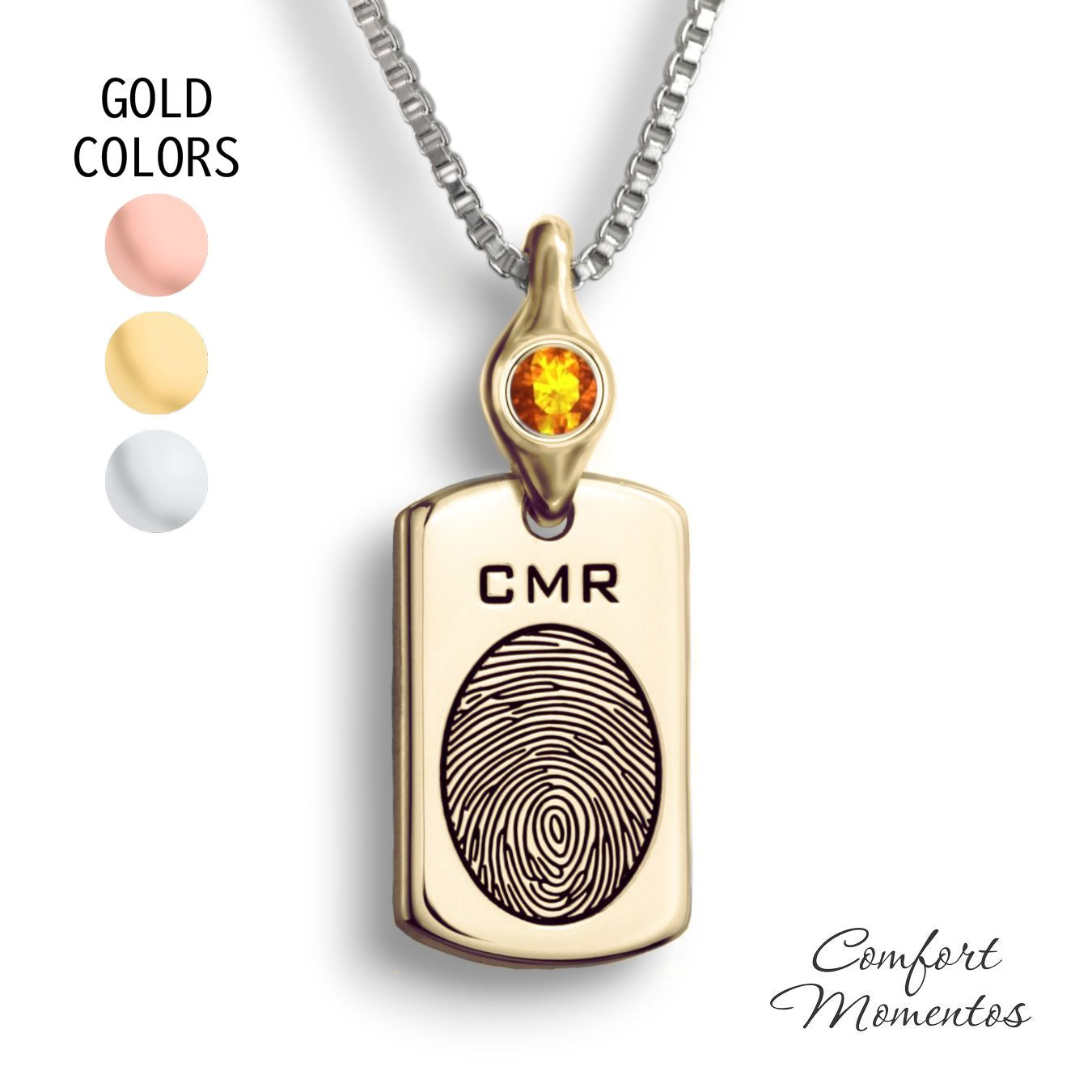 Fingerprint Dog Tag Necklace with Gemstone Comfort Capsule Bail - Gold [Small]