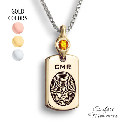 Fingerprint Dog Tag Necklace with Gemstone Comfort Capsule Bail - Gold [Small]