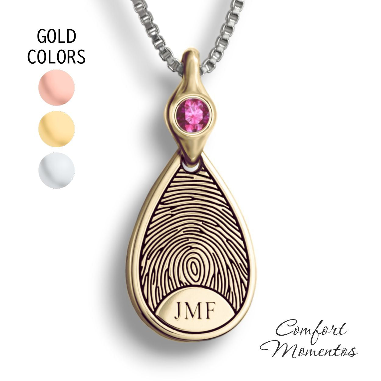Fingerprint Teardrop Necklace with Gemstone Comfort Capsule Bail - Gold