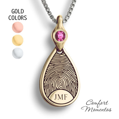 Fingerprint Teardrop Necklace with Gemstone Comfort Capsule Bail - Gold