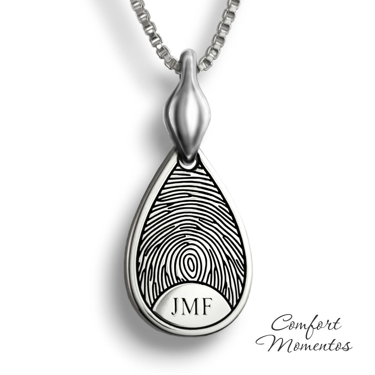 Fingerprint Teardrop Necklace with Comfort Capsule Bail - Silver