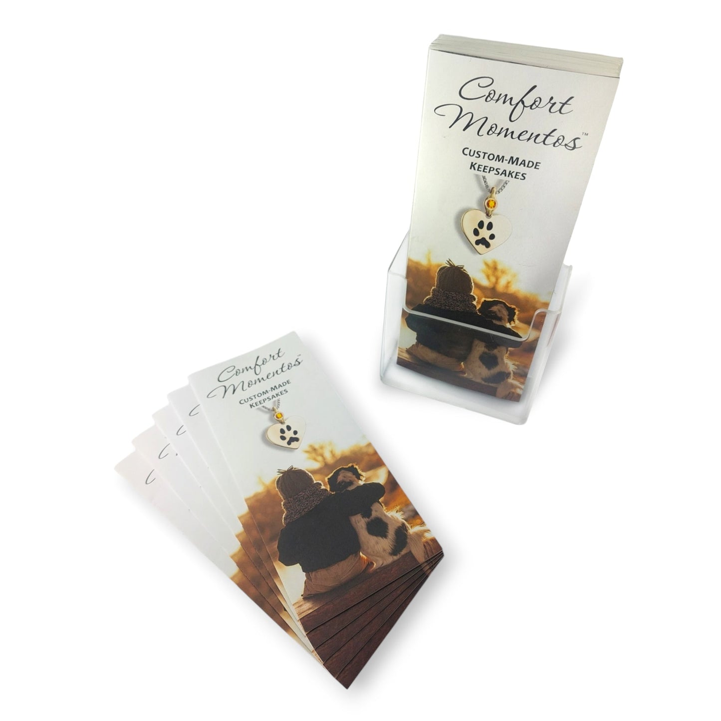Stacks of pawprint jewelry brochures