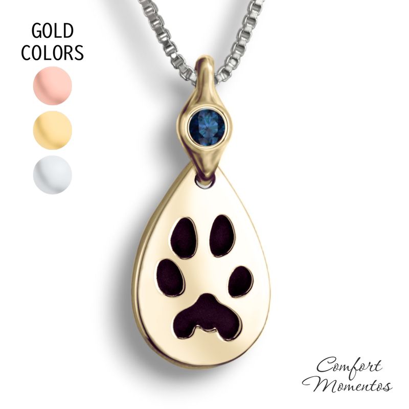 Pawprint Teardrop Necklace with Gemstone Comfort Capsule Bail - Gold
