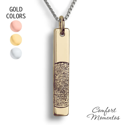 Gold vertical bar necklace engraved with a black fingerprint