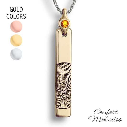 Gold vertical bar necklace engraved with a black fingerprint, with a gemstone urn