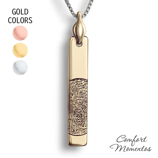 Gold vertical bar necklace engraved with a black fingerprint, with a plain urn