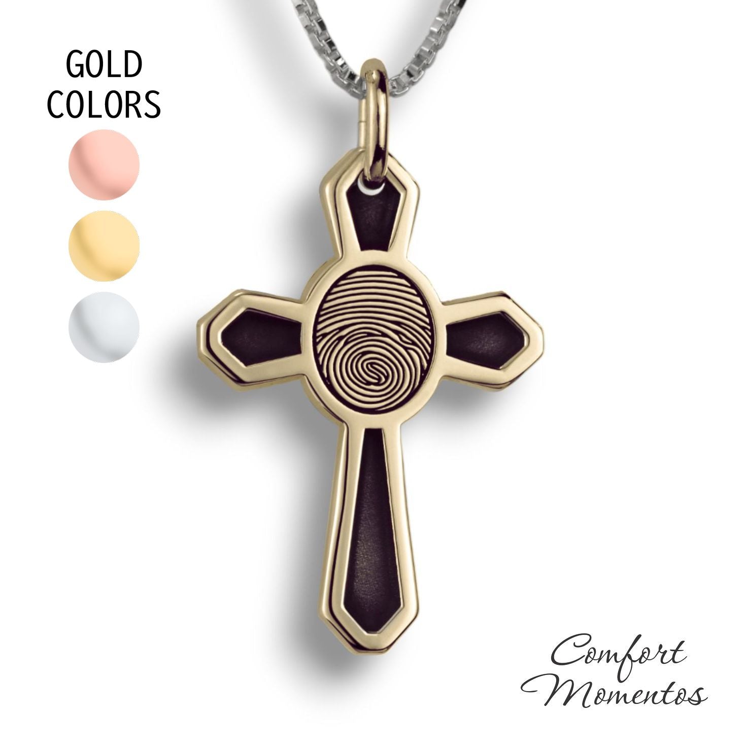Gold cross necklace with black fingerprint and recessed black areas