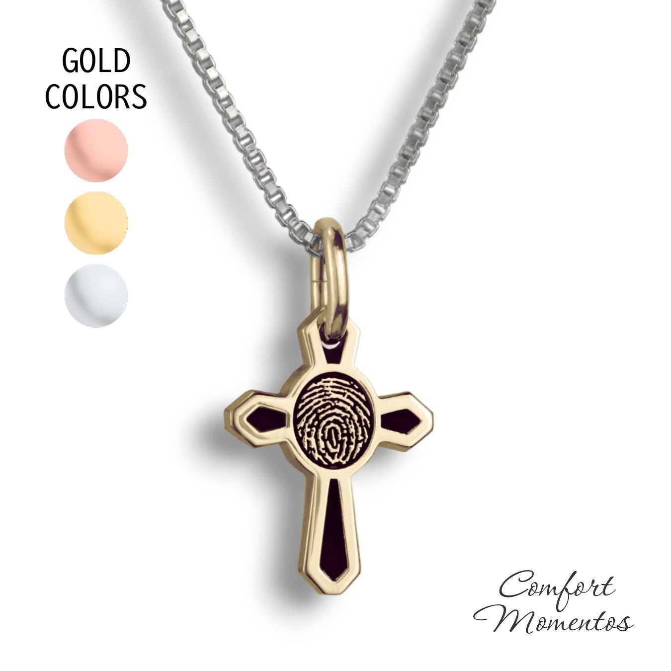 Small gold cross necklace with black fingerprint and recessed black areas