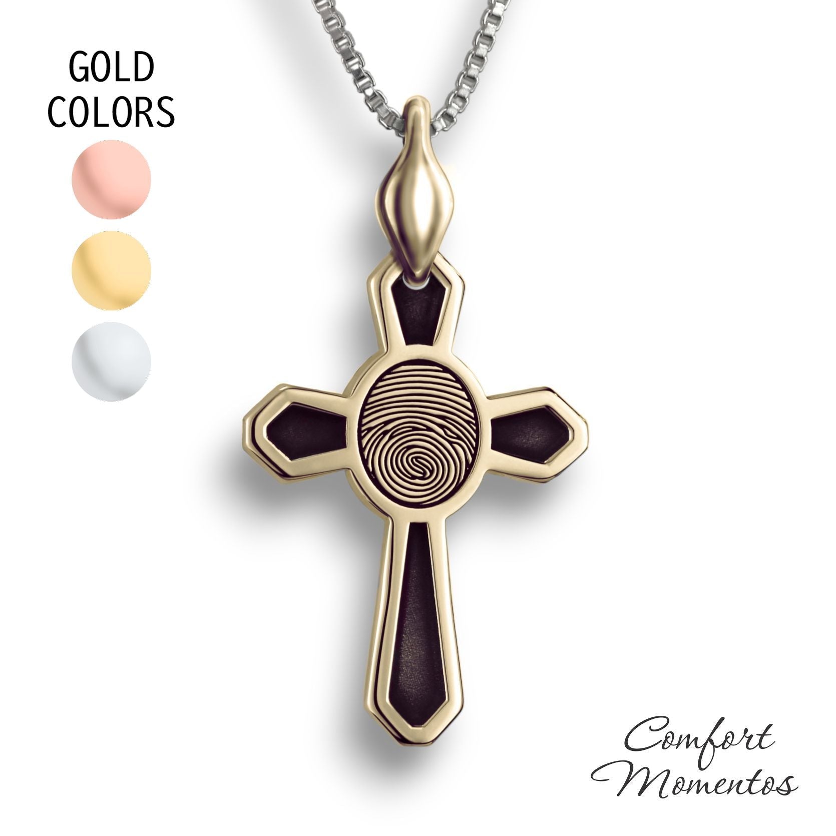 Gold cross necklace with black fingerprint and recessed black areas, with a plain urn
