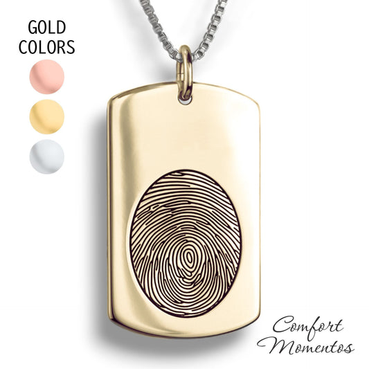 Large gold dog tag necklace with a black fingerprint engraved