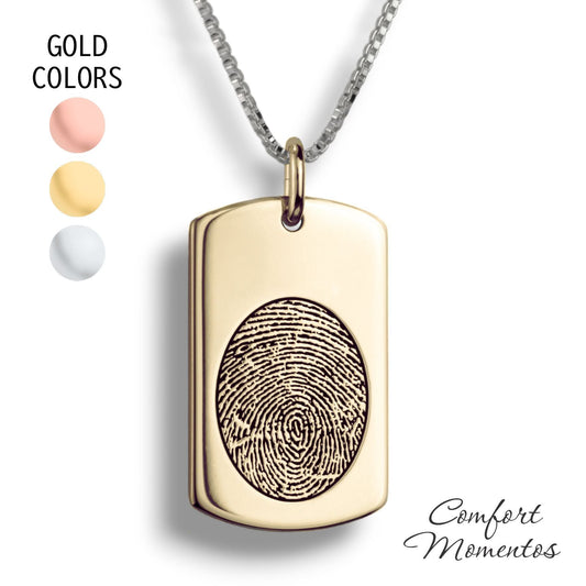 Gold dog tag necklace with a black fingerprint engraved