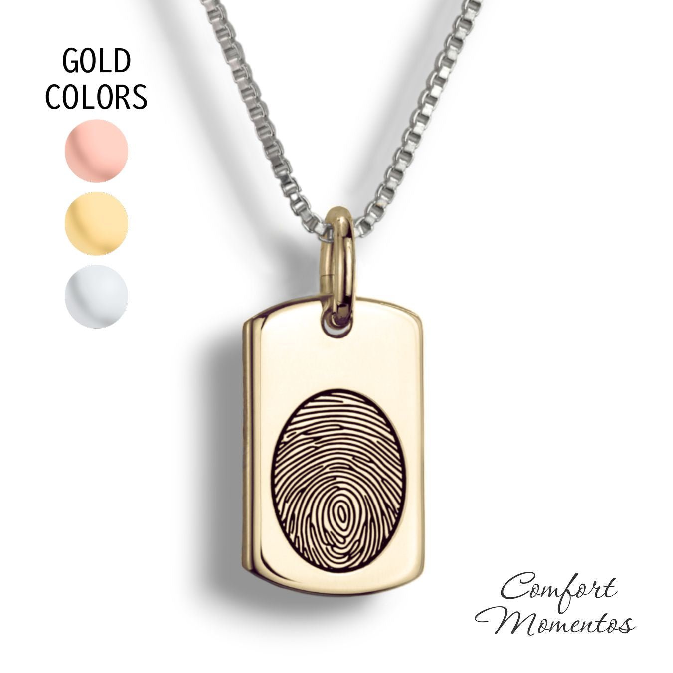Small gold dog tag necklace with a black fingerprint engraved