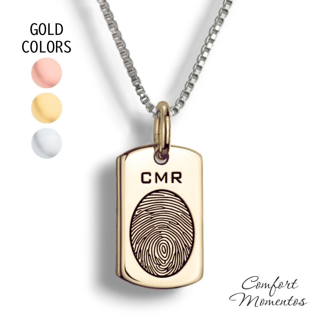Small gold dog tag necklace with a black fingerprint engraved