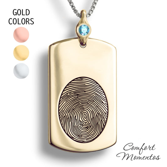Large gold dog tag necklace with a black fingerprint engraved, with a gemstone urn