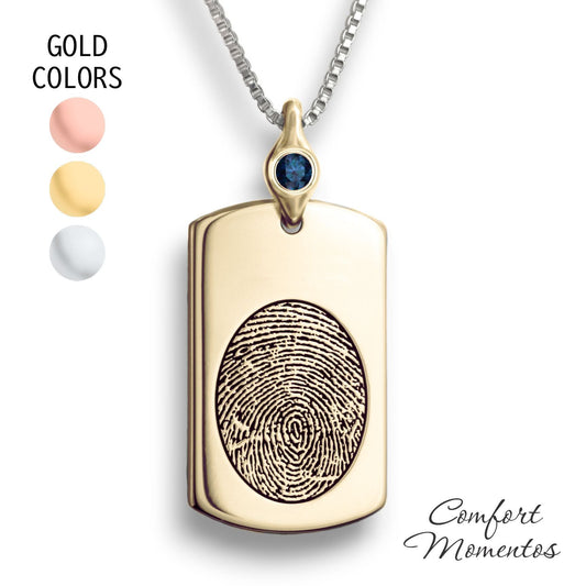 Gold dog tag necklace with a black fingerprint engraved, with a gemstone urn