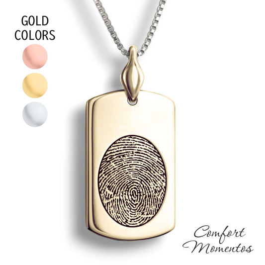 Gold dog tag necklace with a black fingerprint engraved, with a plain urn