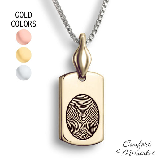 Small gold dog tag necklace with a black fingerprint engraved, with a plain urn