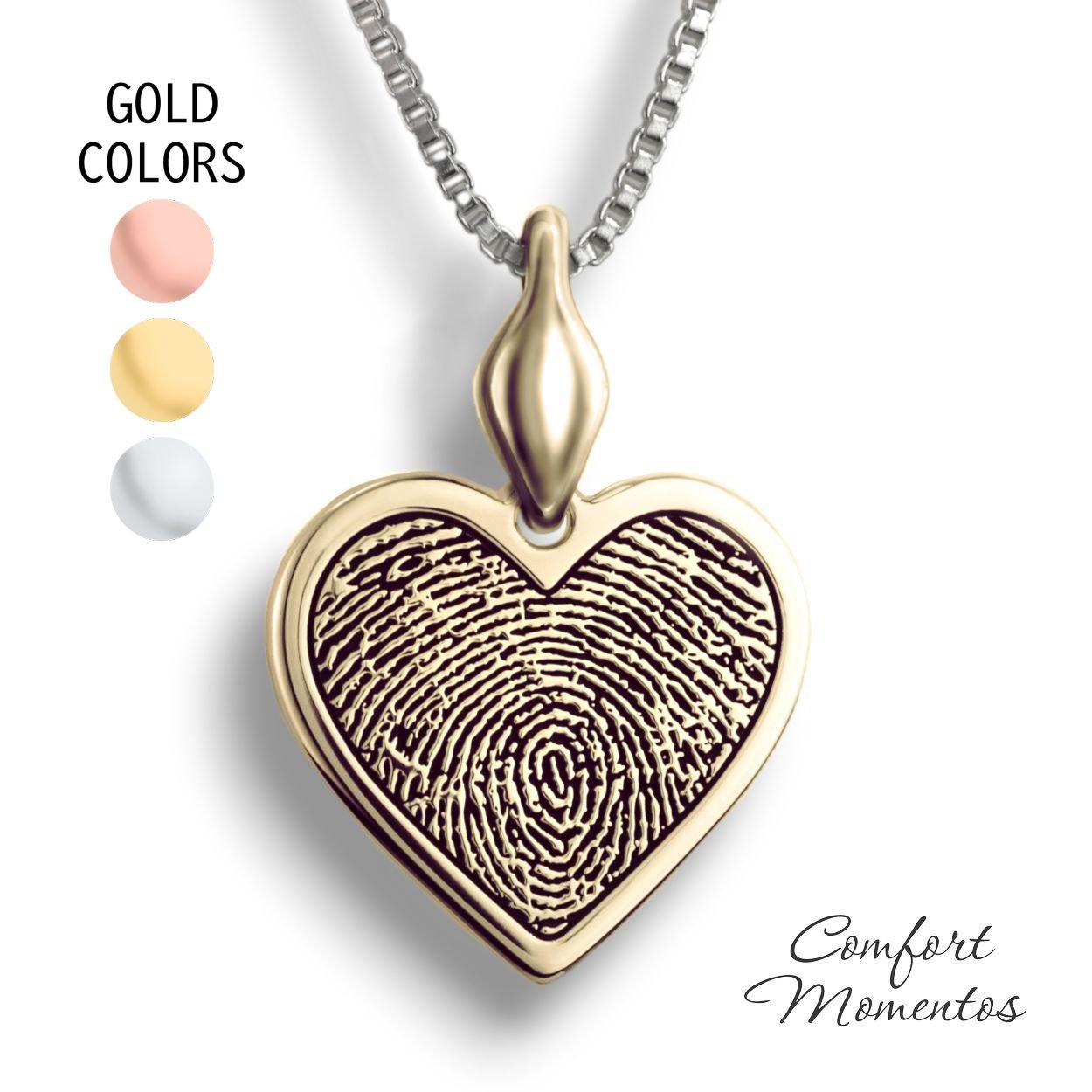 Gold heart necklace with a black fingerprint engraved, with a plain urn