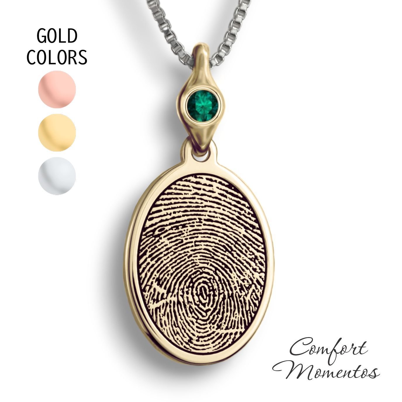 Gold oval necklace with a black fingerprint engraved, with a gemstone urn