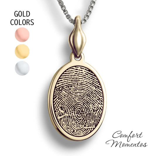 Gold oval necklace with a black fingerprint engraved, with a plain urn