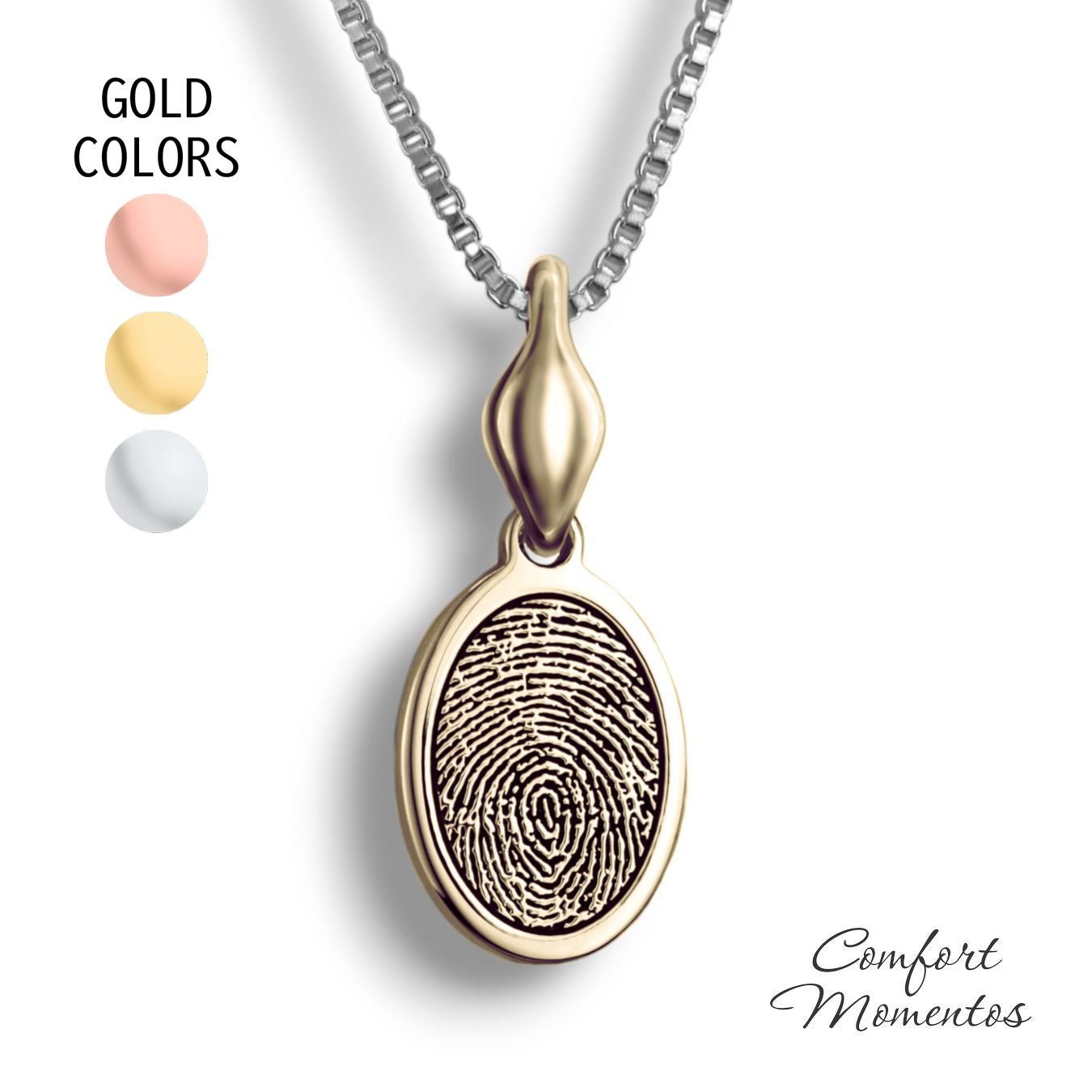 Small gold oval necklace with a black fingerprint engraved, with a plain urn