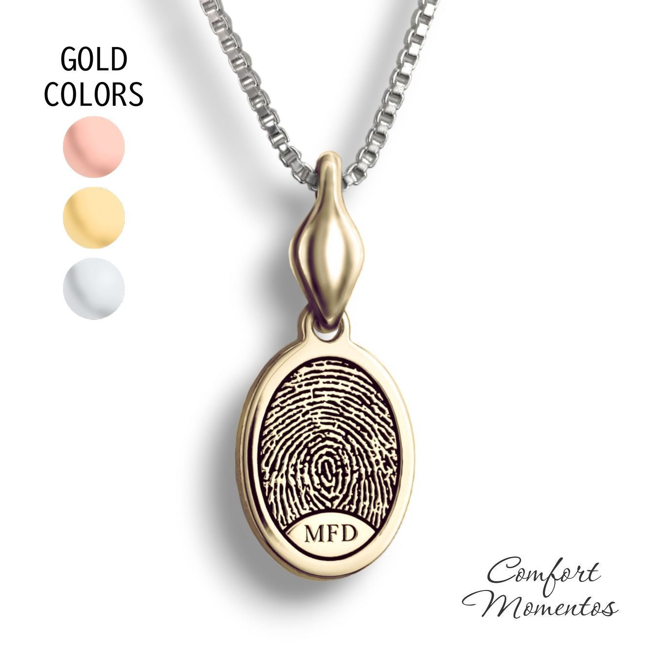 Small gold oval necklace with a black fingerprint and initials engraved, with a plain urn