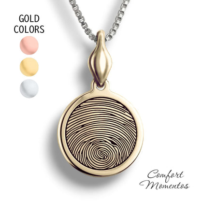 Gold round necklace with a black fingerprint engraved, with a plain urn