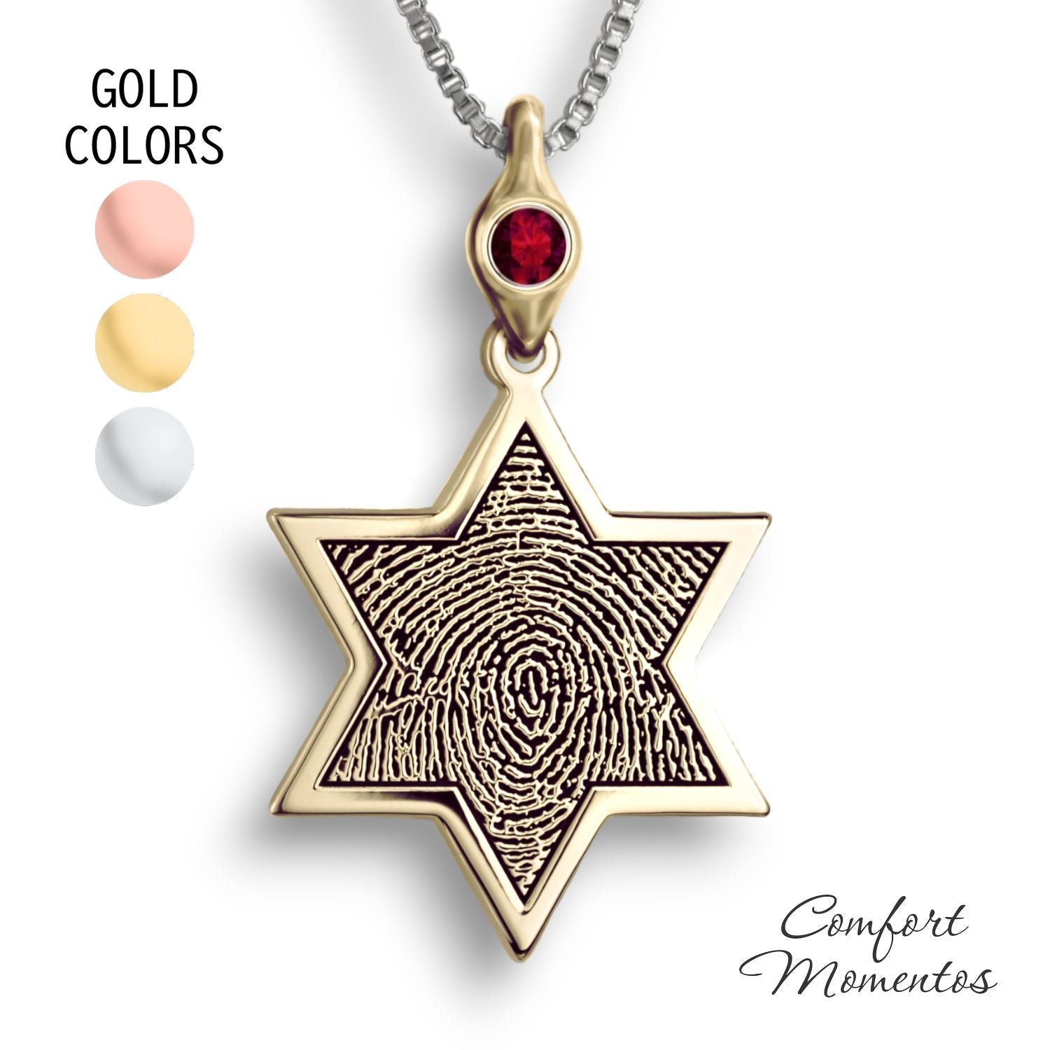 Gold star necklace with a black fingerprint engraved, with a gemstone urn