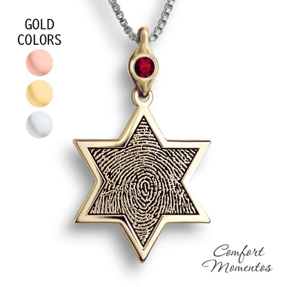 Gold star necklace with a black fingerprint engraved, with a gemstone urn