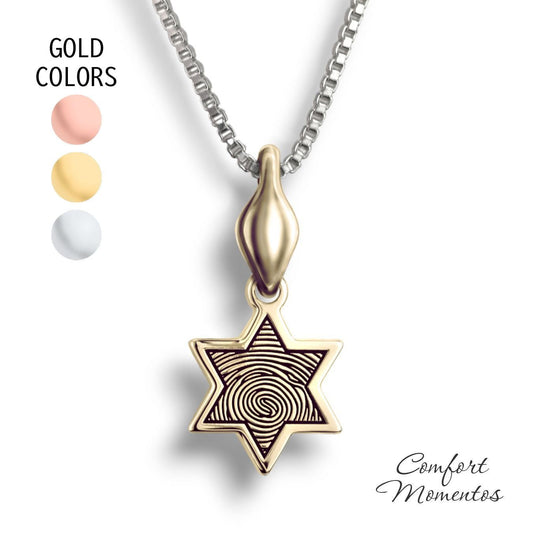 Small gold star necklace with a black fingerprint engraved, with a plain urn