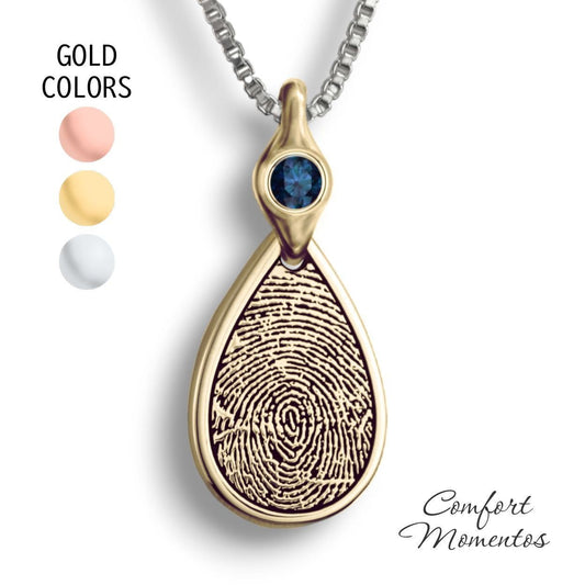 Gold teardrop necklace with a black fingerprint engraved, with a gemstone urn