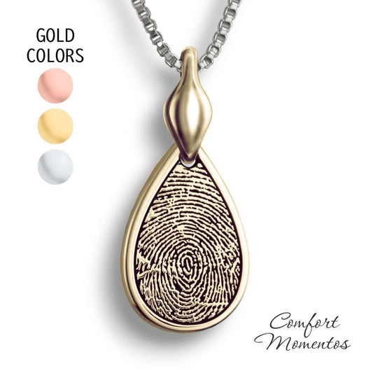Gold teardrop necklace with a black fingerprint engraved, with a plain urn