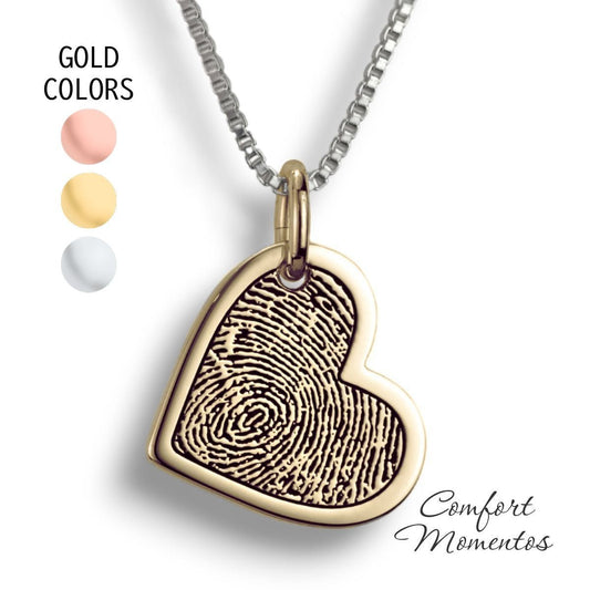 Gold tilted heart necklace with black fingerprint engraving